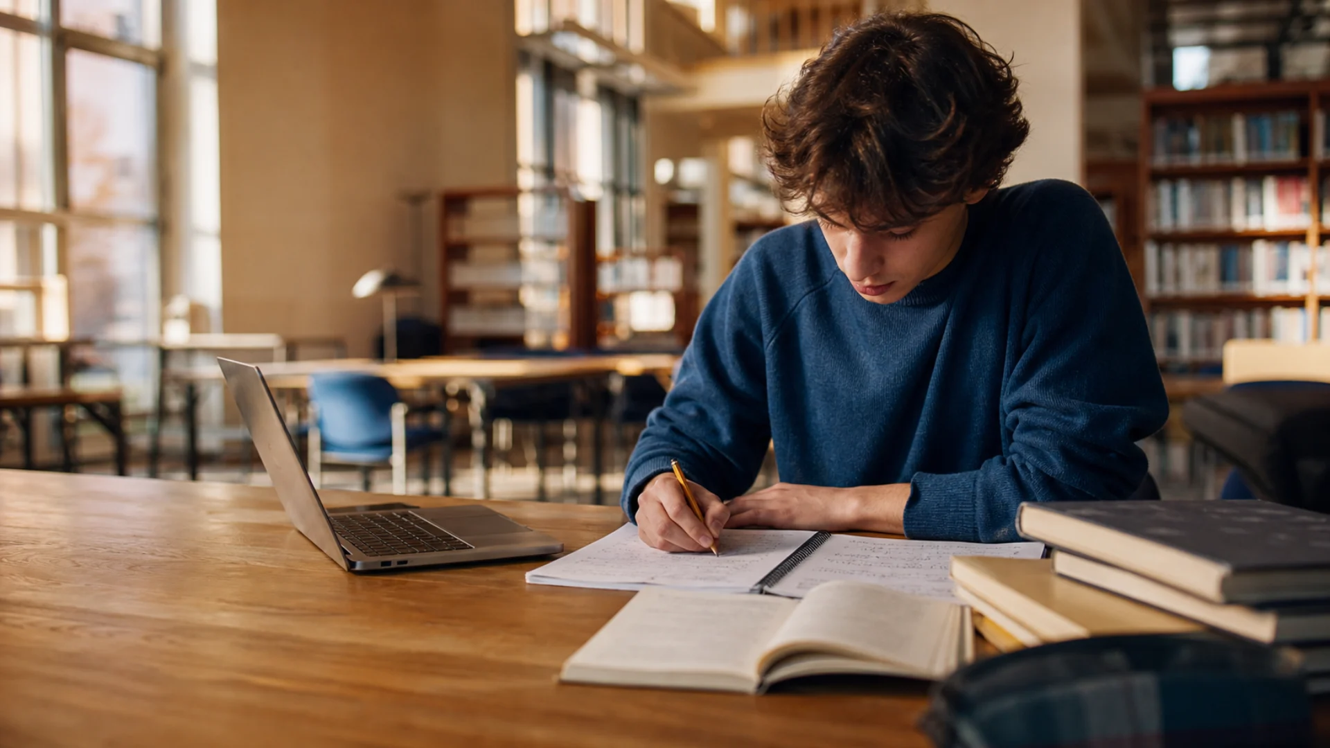 Uno studente approfondisce i propri appunti con il supporto del computer in biblioteca