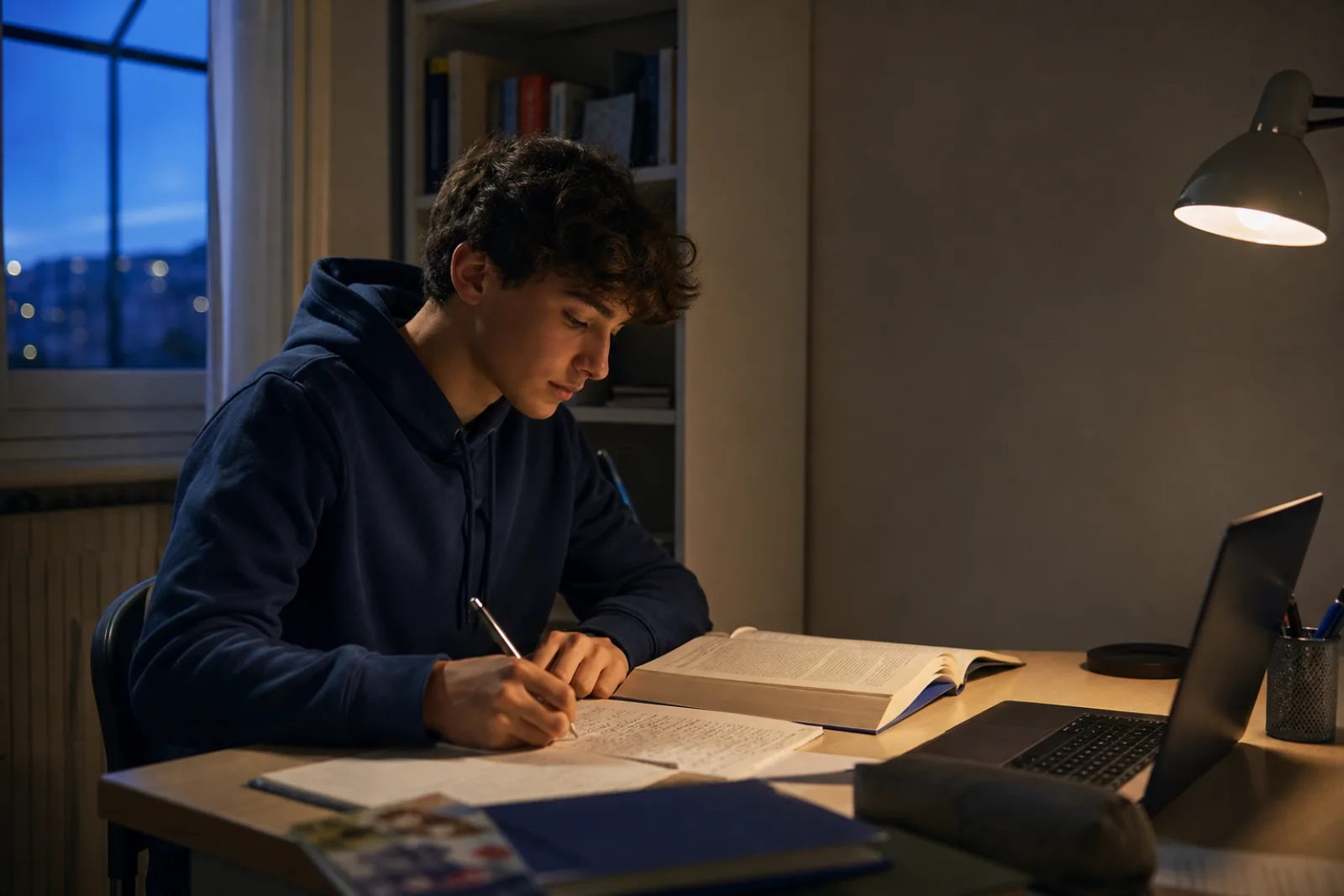 Uno studente ripassa a casa con quaderno, libro e computer