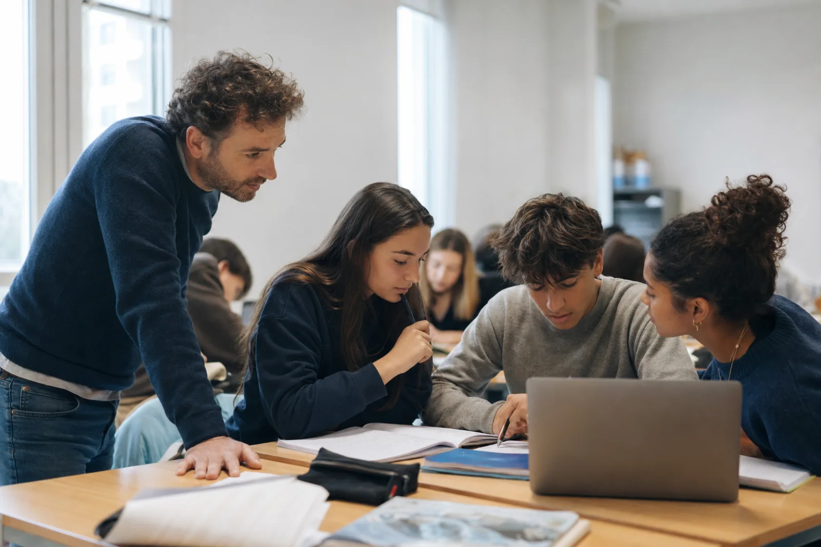 Un docente affianca un gruppo di studenti durante un'attività in classe
